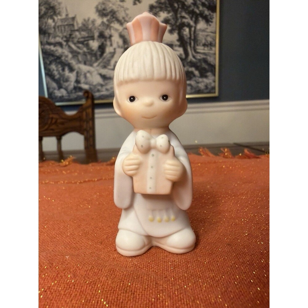 Vintage Precious Moments Crown Figurine Holding Gift  1982 Enesco Porcelain